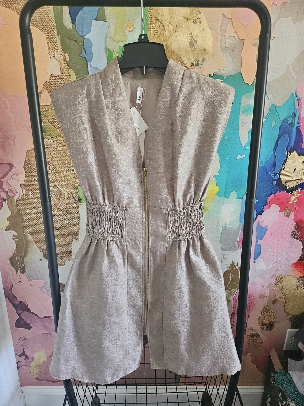 glam Taupe Textured Midi Dress with Smocked Waist